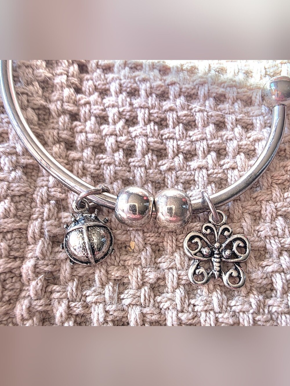 Vintage Silver Bangle Charm Bracelet. Ladybug And Butterfly - Picture 2 of 4